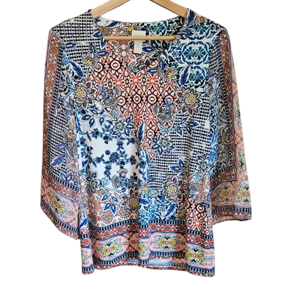 Chico's Size Small Blue Orange Tile Paisley Floral V-Neck 3/4 Sleeve Top